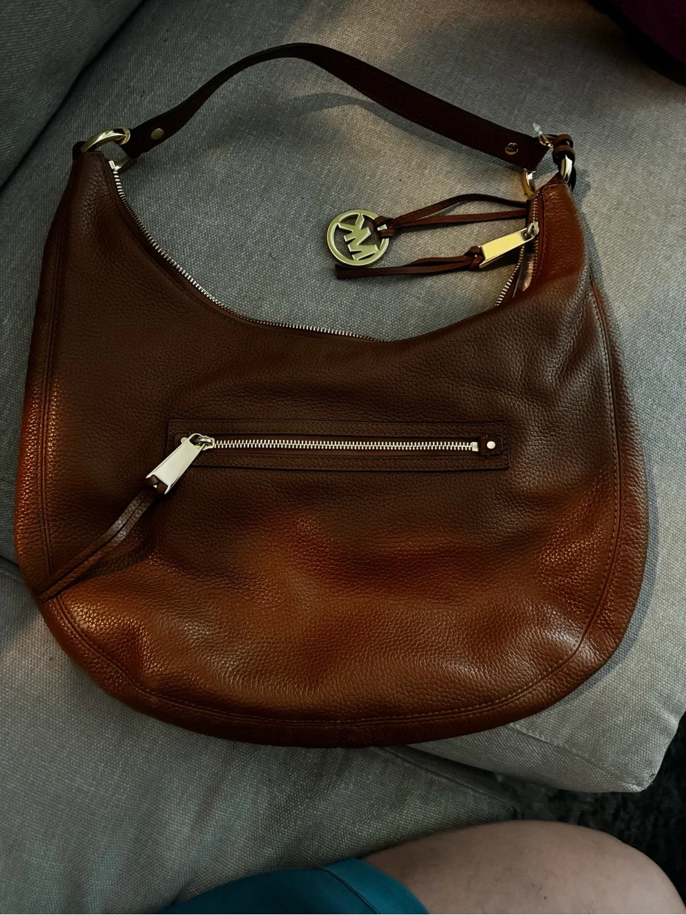 Michael Kors Chestnut Brown Pebbled Leather Hobo with Gold MK Charm